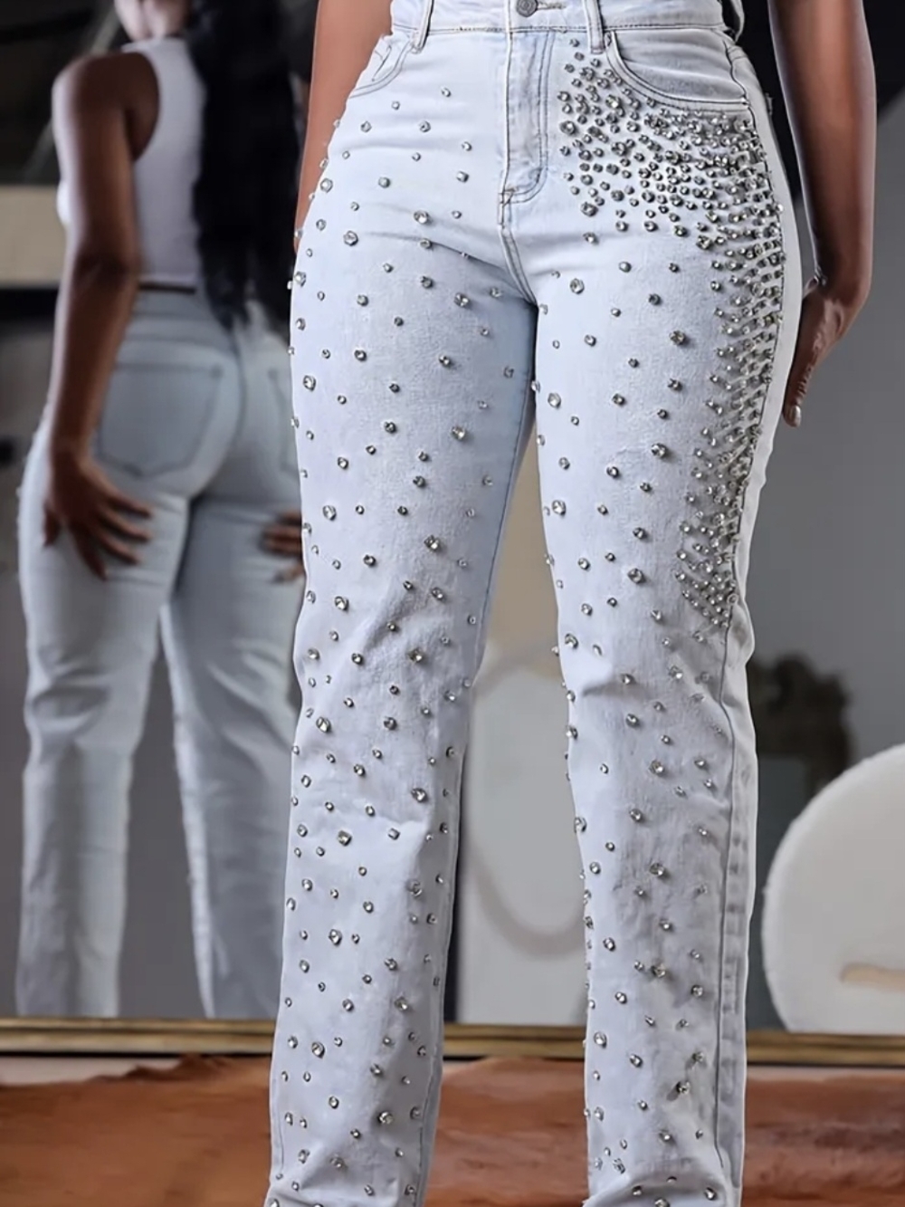 High-Rise Light  Blue Straight-Leg Jeans with Silver Stud Embellishment